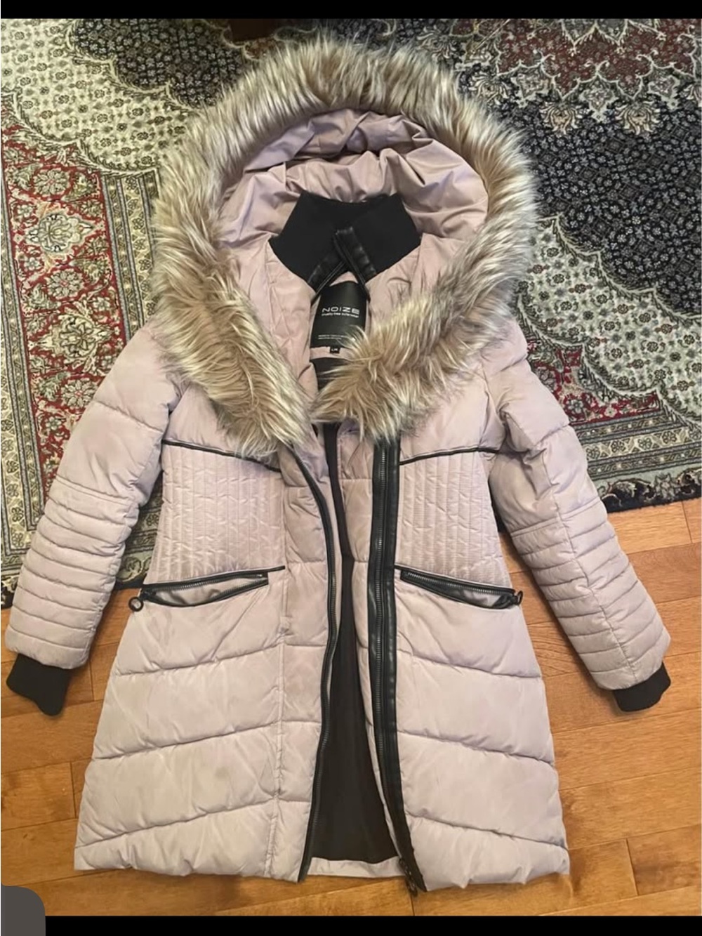Noize Pale Pink Quilted Puffer Coat with Faux Fur Trimmed Hood